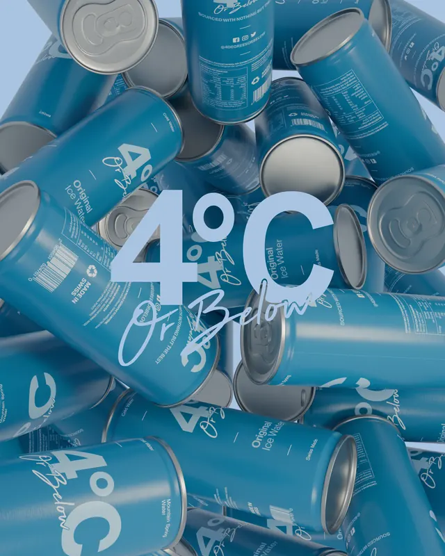 4°C Or Below — 4°C Or Below, marque d'eau inventée : la canette, son wrap, son identité