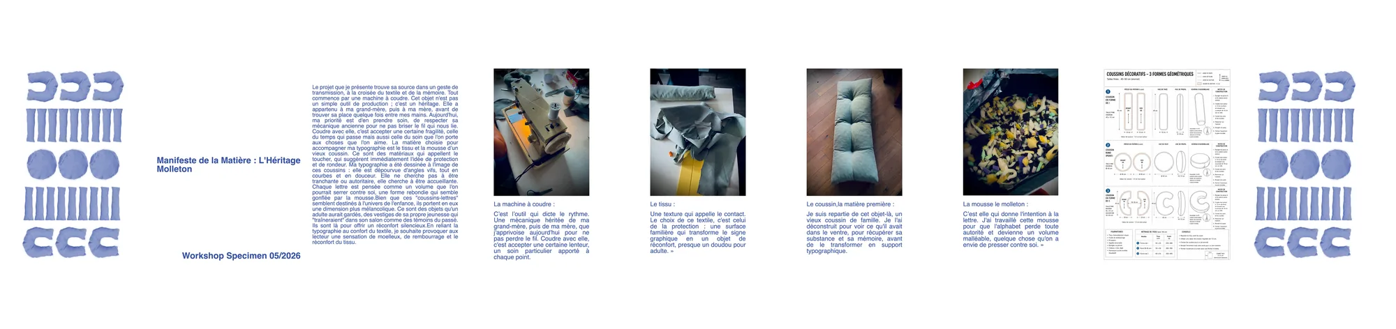 Héritage Molleton — Le recto : manifeste, machine à coudre, tissu, coussin, mousse et patron de couture