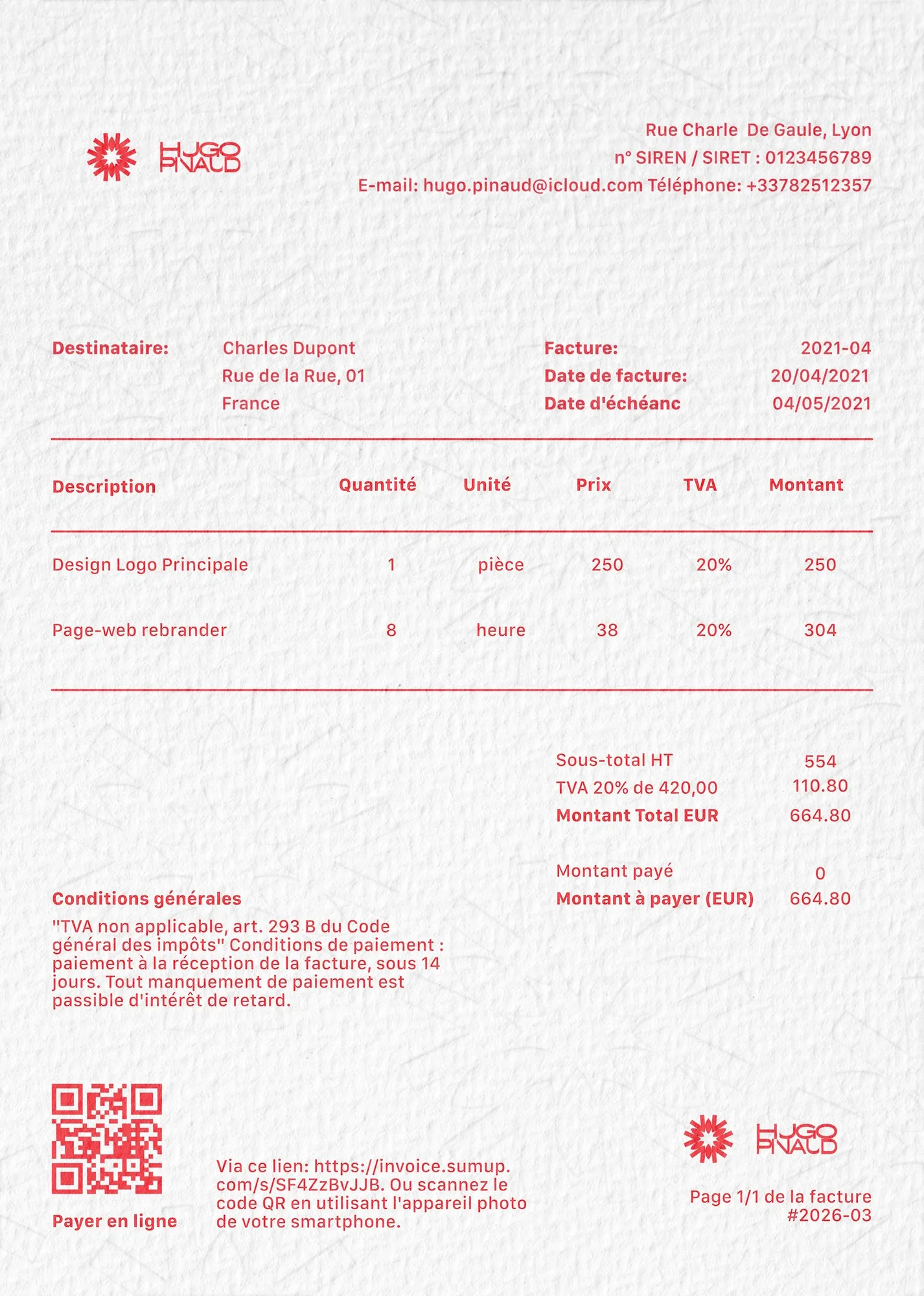 Identité 2026 — Invoice, embossed paper