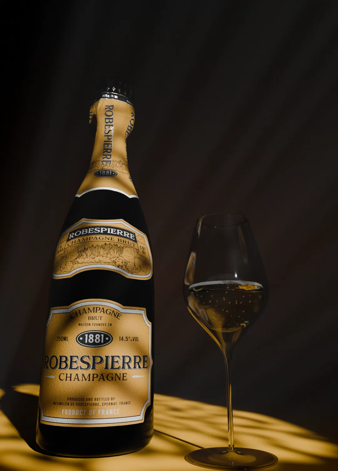 Champagne Robespierre — La bouteille et sa flûte, sous une lumière rasante.